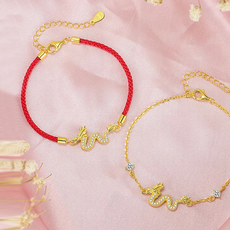 EverestArtStudios 925 Sterling Silver Year Of The Dragon Auspicious Golden Dragon Luck Red Rope Chain Bracelet