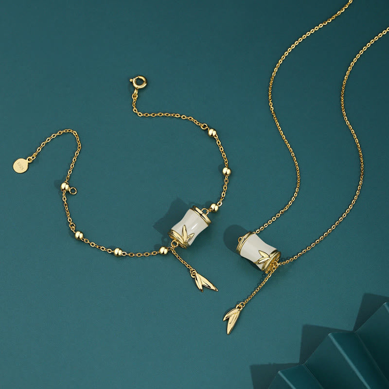 EverestArtstudios 925 Sterling Silver 22K Gold Hetian White Jade Bamboo Leaf Luck Necklace Pendant Bracelet