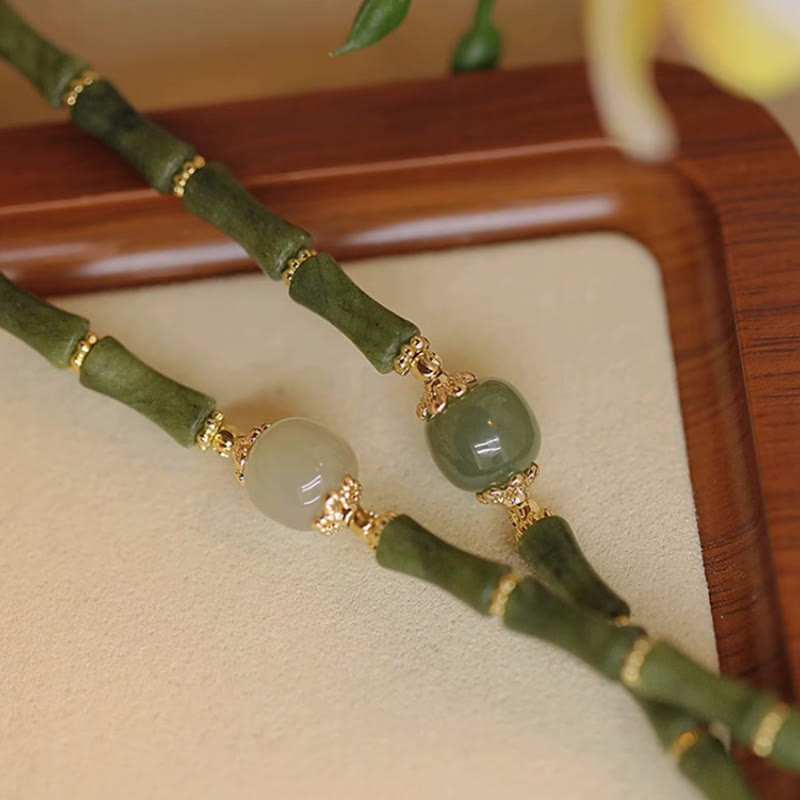 EverestArtStudios 14K Copper Plated Peridot Hetian Jade Bamboo Motif Fortune Bracelet