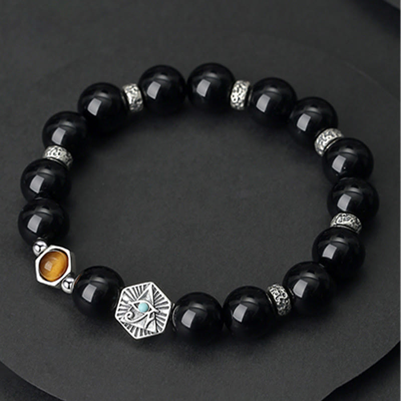 EverestArtstudios 925 Sterling Silver Black Obsidian Tiger Eye Eye of Providence Purification Bracelet