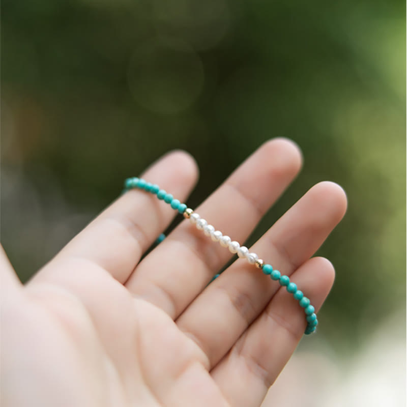 EverestArtStudios 925 Sterling Silver Natural Turquoise Pearl Beaded Bracelet