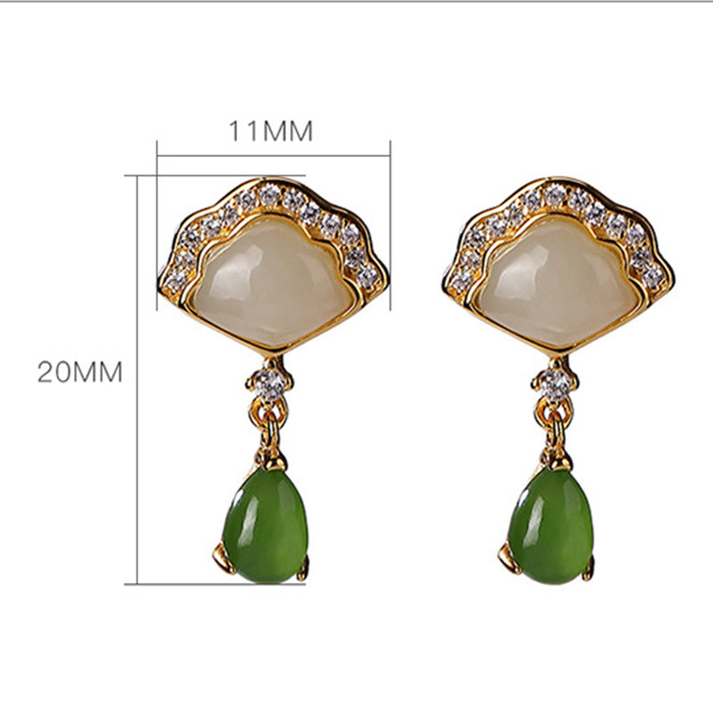 EverestArtstudios White Jade Cyan Jade Fan Water Drop Pattern Luck Drop Earrings