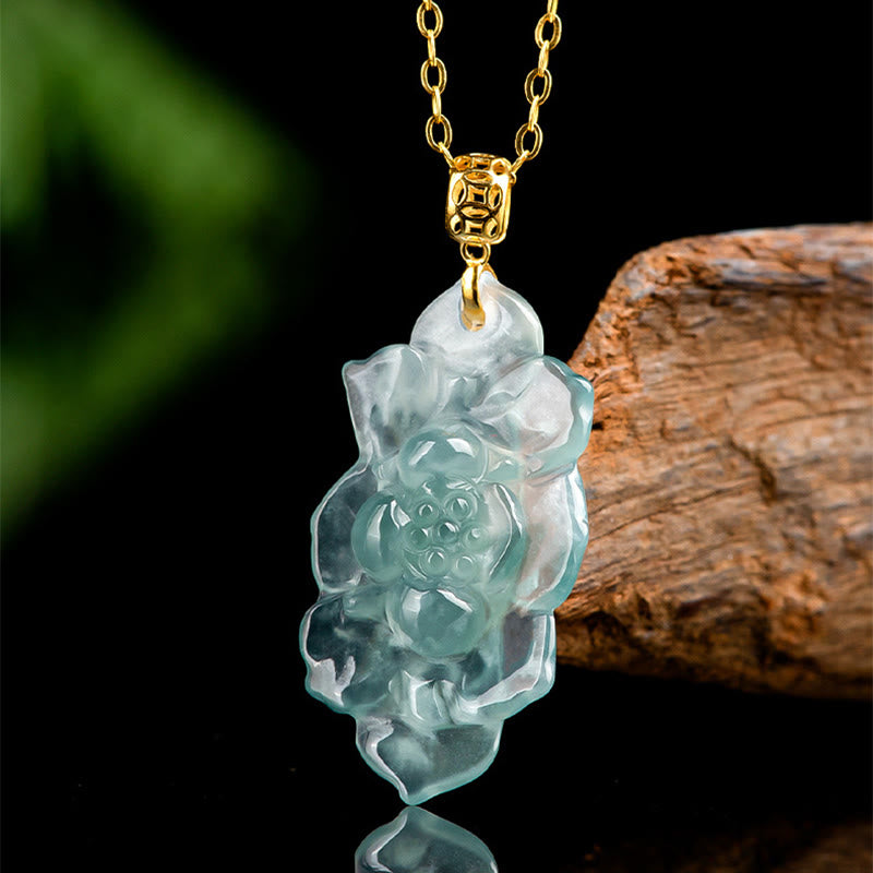 EverestArtstudios Natural Jade Lotus Pattern Prosperity Titanium Steel Chain Necklace Pendant