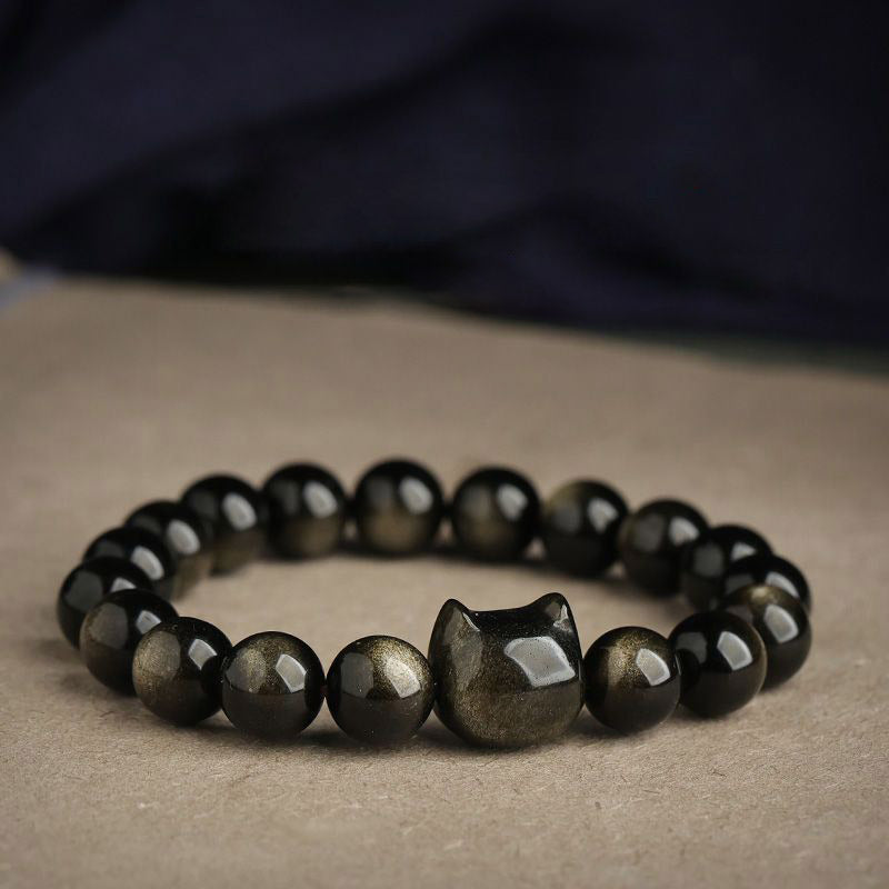 EverestArtStudios Gold Sheen Obsidian Silver Sheen Obsidian Cute Paw Fortunate Cat Protective Bracelet