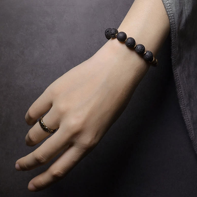 EverestArtstudios Lava Rock Stone Rainbow Obsidian Brass Support Healing Bracelet