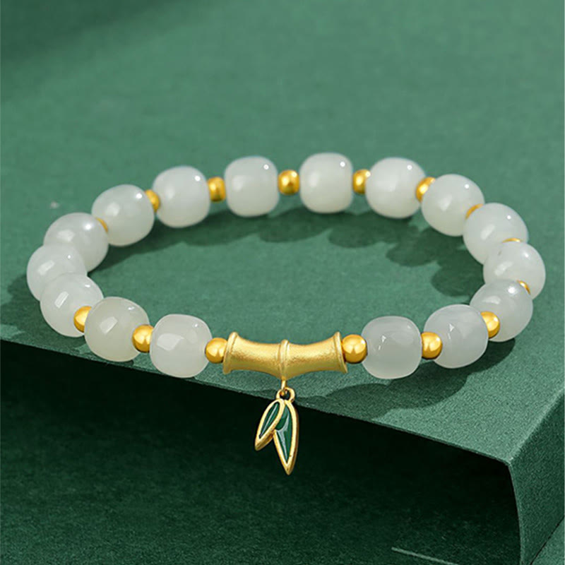EverestArtstudios 925 Sterling Silver Hetian White Jade Bamboo Luck Bracelet