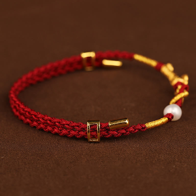 EverestArtStudios 24K Gold Wish Ruyi Handle Fu Character Rabbit Pearl Luck Braided Bracelet