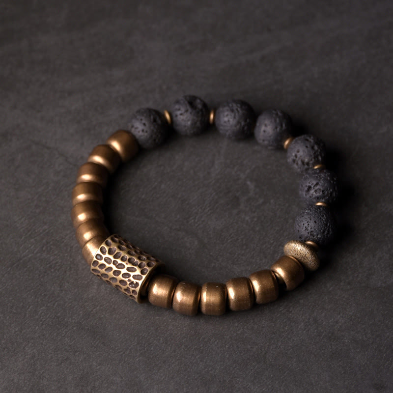 EverestArtstudios Lava Rock Stone Rainbow Obsidian Brass Support Healing Bracelet