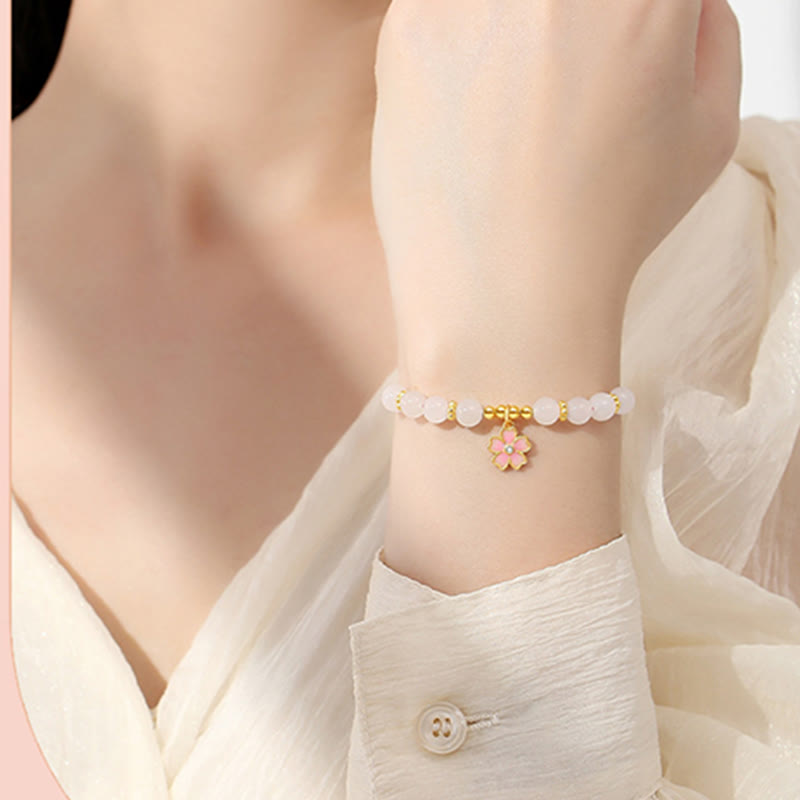 EverestArtstudios 925 Sterling Silver Hetian White Jade Cherry Blossom Protection Bracelet