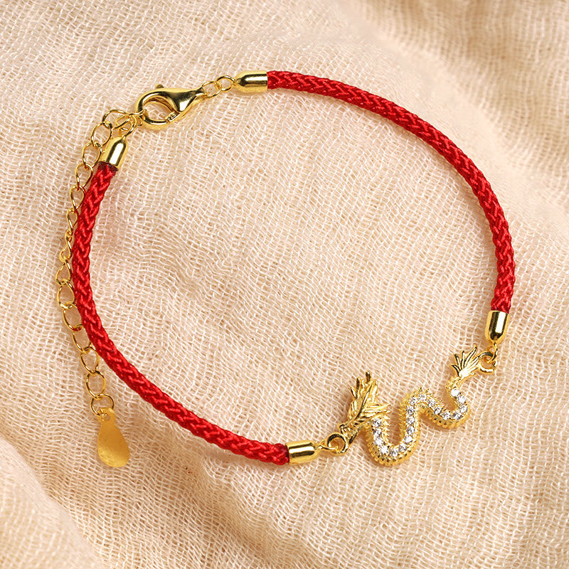 EverestArtStudios 925 Sterling Silver Year Of The Dragon Auspicious Golden Dragon Luck Red Rope Chain Bracelet