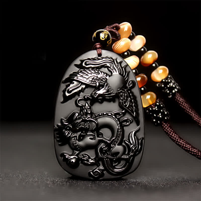 EverestArtstudios Black Obsidian Tiger Eye Dragon Phoenix Protection Beaded Necklace Pendant