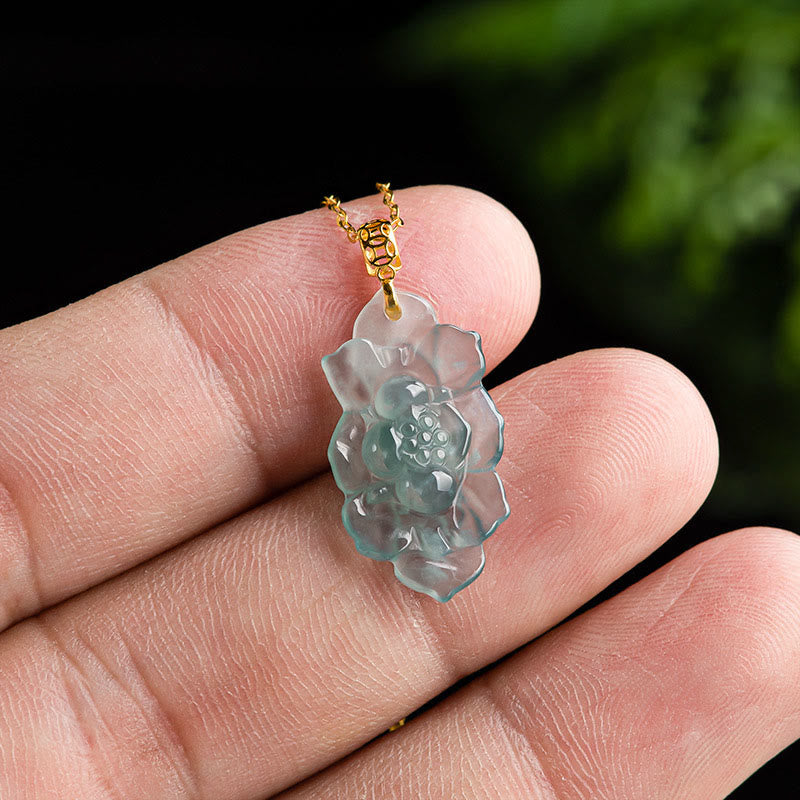 EverestArtstudios Natural Jade Lotus Pattern Prosperity Titanium Steel Chain Necklace Pendant