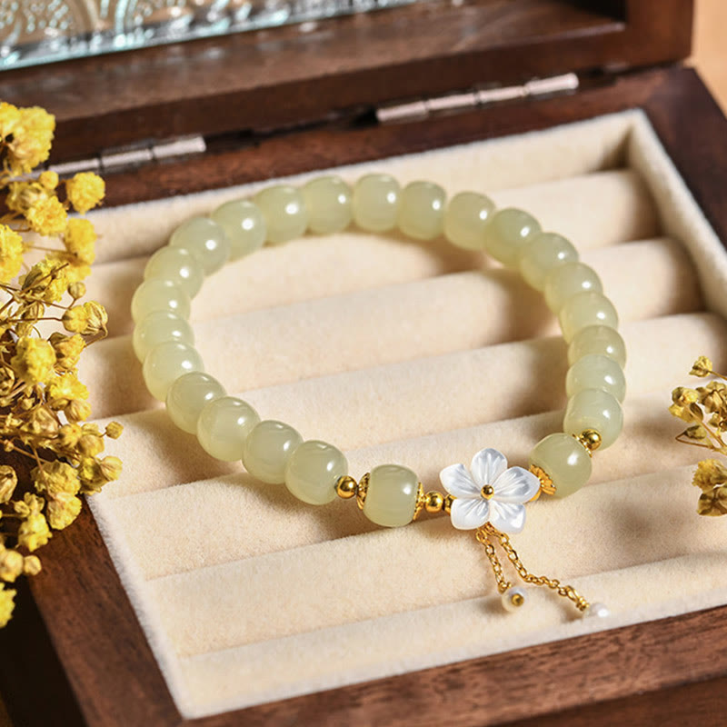 EverestArtstudios 925 Sterling Silver Natural Hetian Jade Luck Flower Bracelet