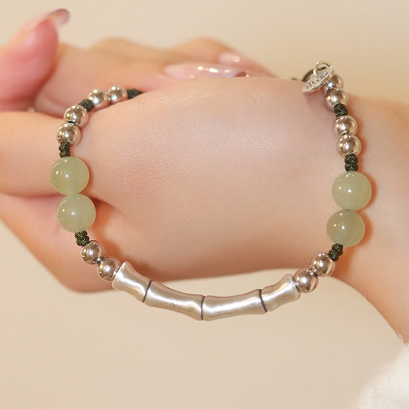 EverestArtstudios 925 Sterling Silver Natural Jade Fu Character Bamboo Abundance Bracelet