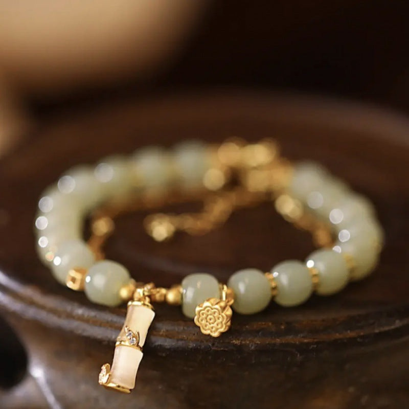 EverestArtstudios Natural Hetian Jade Prosperity Lotus Bamboo Charm Bracelet