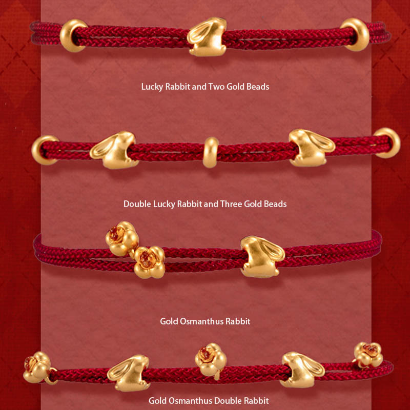 EverestArtStudios 999 Gold Small Lucky Rabbit Osmanthus Design Handmade Fortune Braided Cord Bracelet