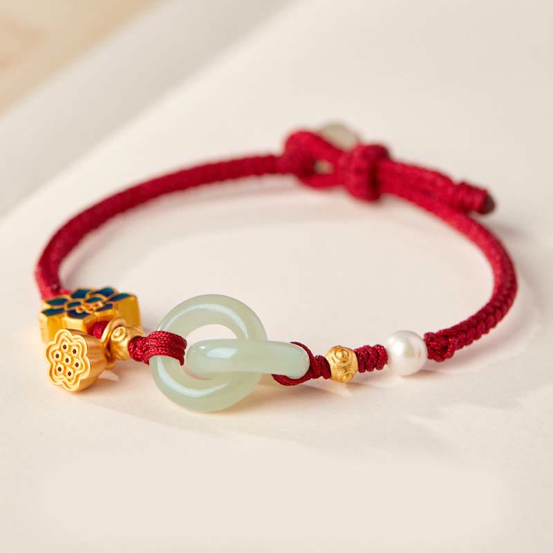 EverestArtStudios Hetian Jade Lotus Peace Buckle Braided Cord Wealth Bracelet