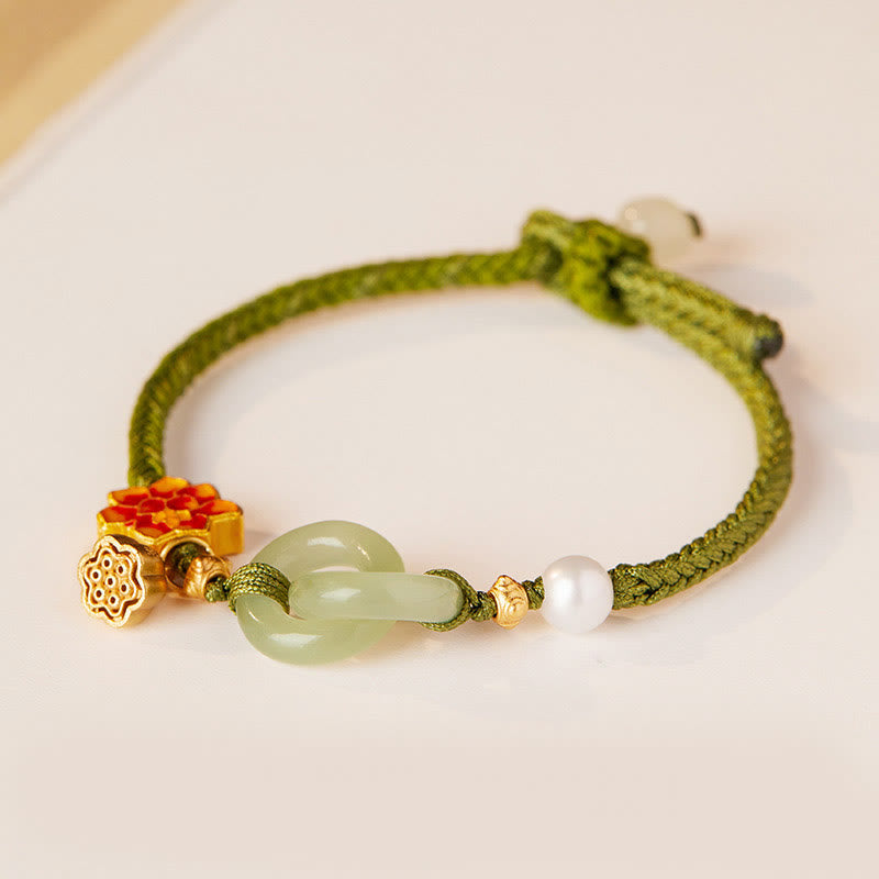 EverestArtStudios Hetian Jade Lotus Peace Buckle Braided Cord Wealth Bracelet
