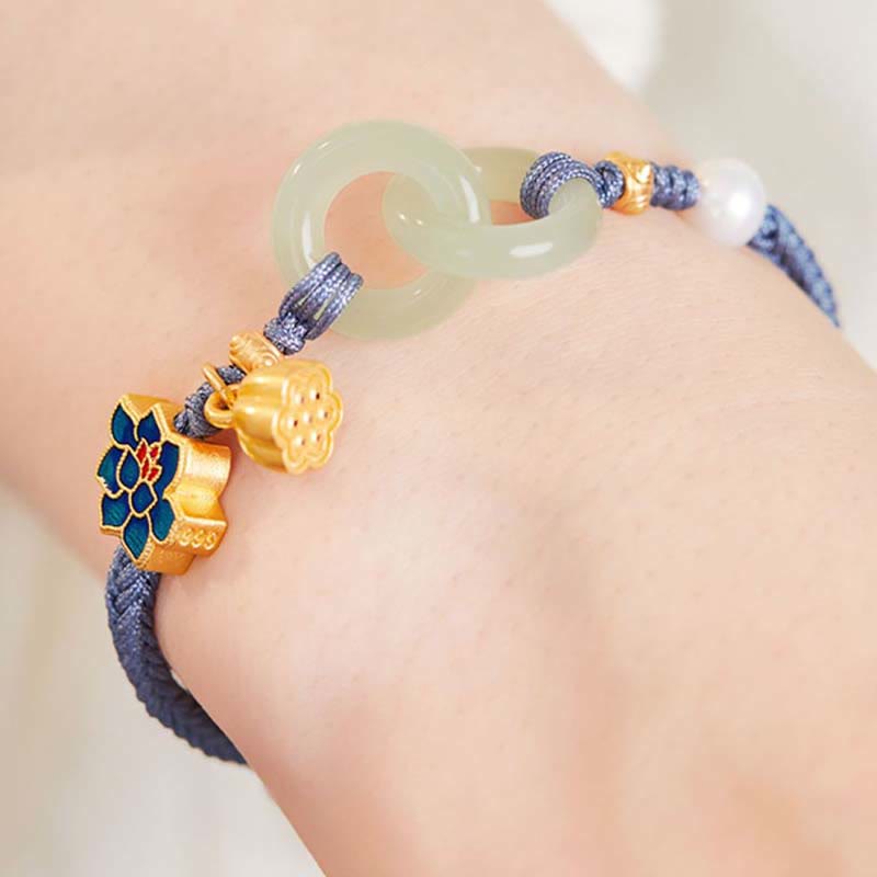 EverestArtStudios Hetian Jade Lotus Peace Buckle Braided Cord Wealth Bracelet