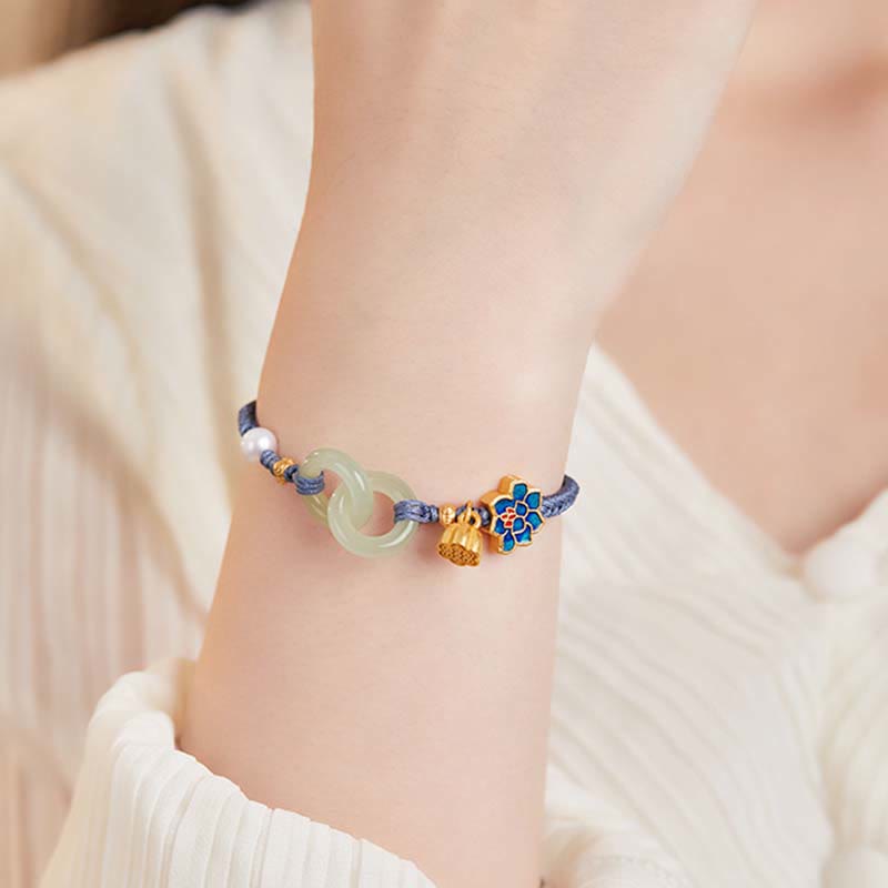 EverestArtStudios Hetian Jade Lotus Peace Buckle Braided Cord Wealth Bracelet