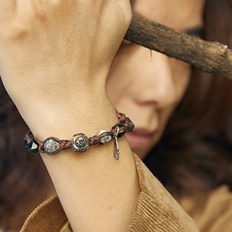 EverestArtstudios Retro 925 Sterling Silver Silver Sheen Obsidian Transport Rope Handmade Braided Bracelet