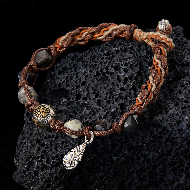 EverestArtstudios Retro 925 Sterling Silver Silver Sheen Obsidian Transport Rope Handmade Braided Bracelet