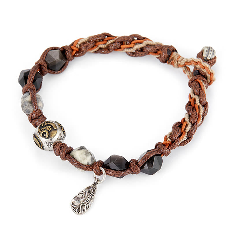 EverestArtstudios Retro 925 Sterling Silver Silver Sheen Obsidian Transport Rope Handmade Braided Bracelet