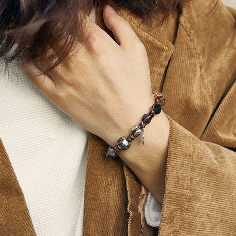 EverestArtstudios Retro 925 Sterling Silver Silver Sheen Obsidian Transport Rope Handmade Braided Bracelet