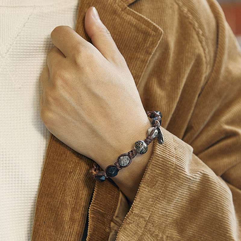 EverestArtstudios Retro 925 Sterling Silver Silver Sheen Obsidian Transport Rope Handmade Braided Bracelet