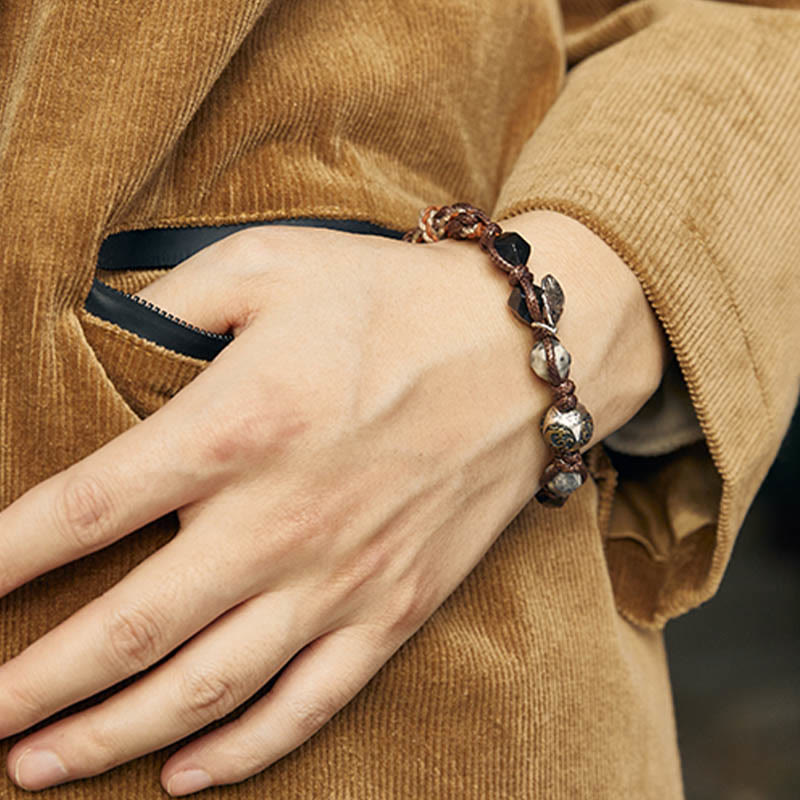 EverestArtstudios Retro 925 Sterling Silver Silver Sheen Obsidian Transport Rope Handmade Braided Bracelet