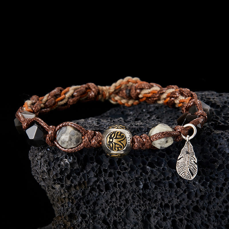 EverestArtstudios Retro 925 Sterling Silver Silver Sheen Obsidian Transport Rope Handmade Braided Bracelet