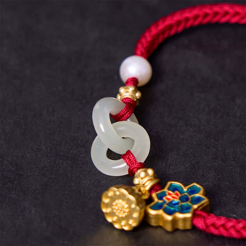 EverestArtStudios Hetian Jade Lotus Peace Buckle Braided Cord Wealth Bracelet