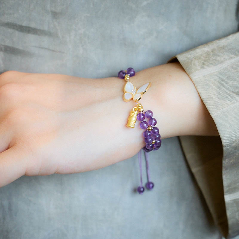 EverestArtstudios Amethyst Butterfly Bamboo Balance Relieves Stress Braided String Bracelet