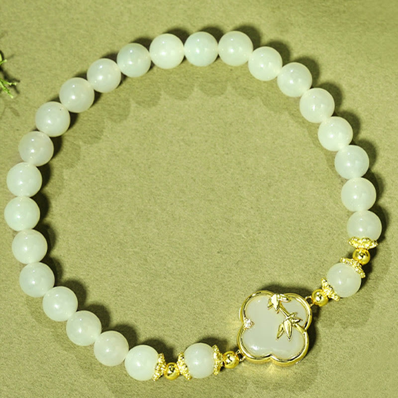 EverestArtstudios Hetian Jade 925 Sterling Silver Four Leaf Clover Bamboo Luck Bracelet