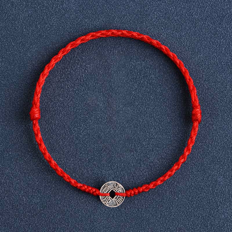 EverestArtStudios 925 Sterling Silver Five Emperor Coins Red String Protection Luck Braided Bracelet Anklet