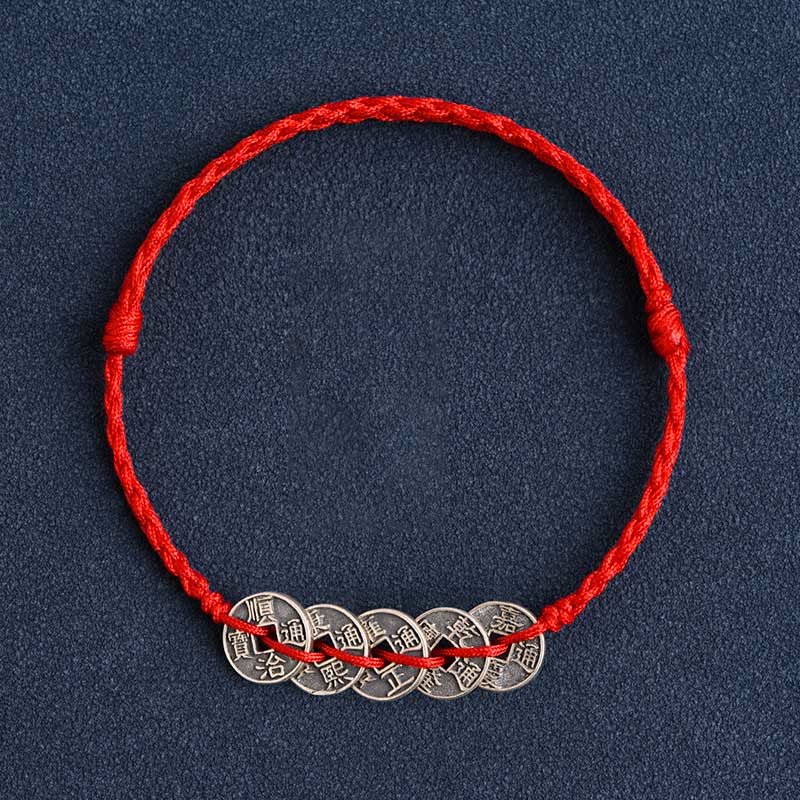 EverestArtStudios 925 Sterling Silver Five Emperor Coins Red String Protection Luck Braided Bracelet Anklet