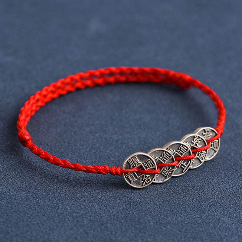 EverestArtStudios 925 Sterling Silver Five Emperor Coins Red String Protection Luck Braided Bracelet Anklet