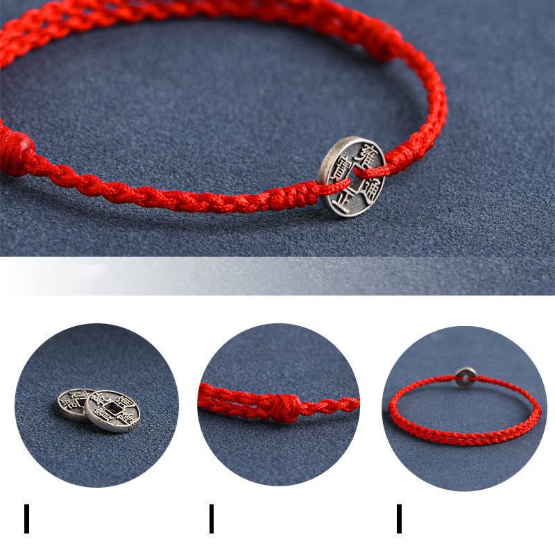 EverestArtStudios 925 Sterling Silver Five Emperor Coins Red String Protection Luck Braided Bracelet Anklet