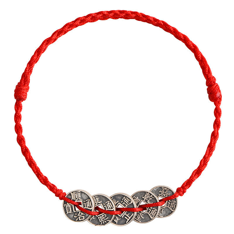 EverestArtStudios 925 Sterling Silver Five Emperor Coins Red String Protection Luck Braided Bracelet Anklet