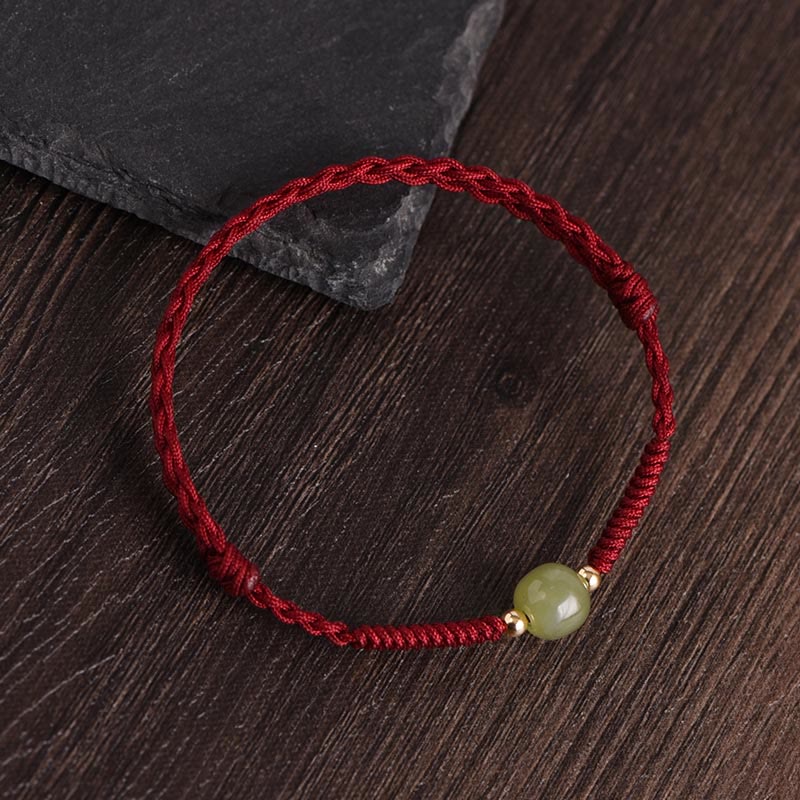 EverestArtstudios Natural Hetian Jade 999 Gold Beads Protection Luck Braided Bracelet Anklet