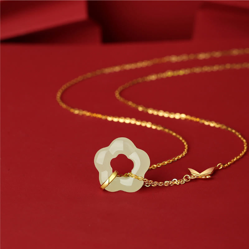 EverestArtstudios 925 Sterling Silver Butterfly Hetian Jade Flower Blessing Necklace Pendant