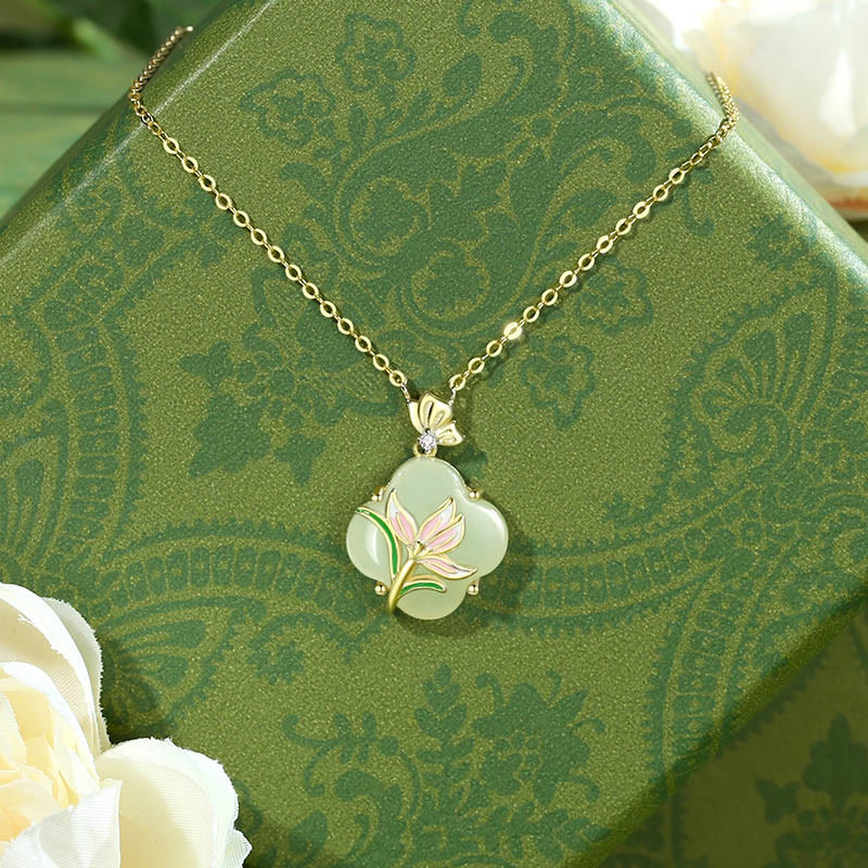 EverestArtstudios 925 Sterling Silver Magnolia Butterfly Hetian Jade Four Leaf Clover Blessing Earrings Necklace Pendant