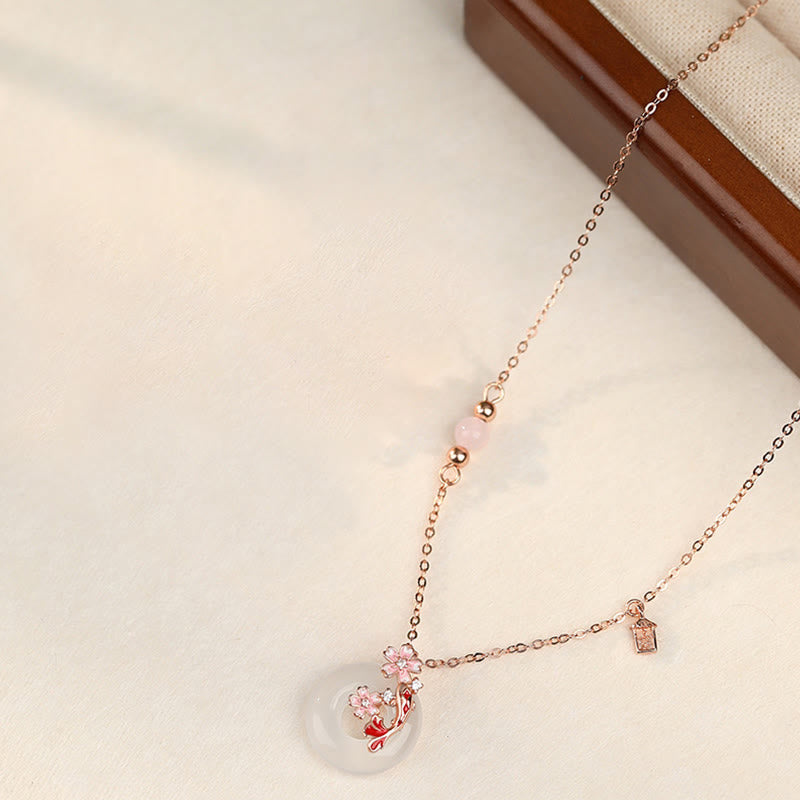 EverestArtstudios Chalcedony Pink Crystal 925 Sterling Silver Flowers Koi Fish Peace Buckle Positive Necklace Pendant