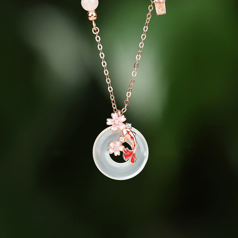 EverestArtstudios Chalcedony Pink Crystal 925 Sterling Silver Flowers Koi Fish Peace Buckle Positive Necklace Pendant
