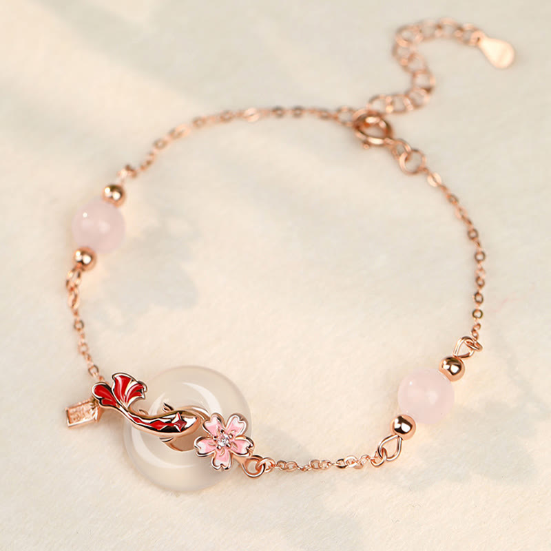 EverestArtstudios Chalcedony Pink Crystal 925 Sterling Silver Flowers Koi Fish Peace Buckle Positive Bracelet