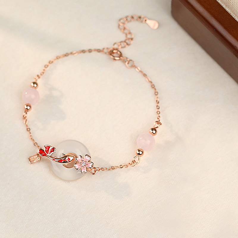 EverestArtstudios Chalcedony Pink Crystal 925 Sterling Silver Flowers Koi Fish Peace Buckle Positive Bracelet