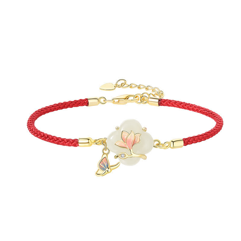 EverestArtstudios 925 Sterling Silver Hetian Jade Magnolia Flower Butterfly Luck Chain Bracelet