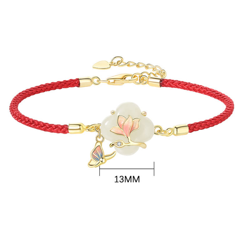EverestArtStudios 925 Sterling Silver Hetian Jade Magnolia Flower Butterfly Fortune Chain Bracelet