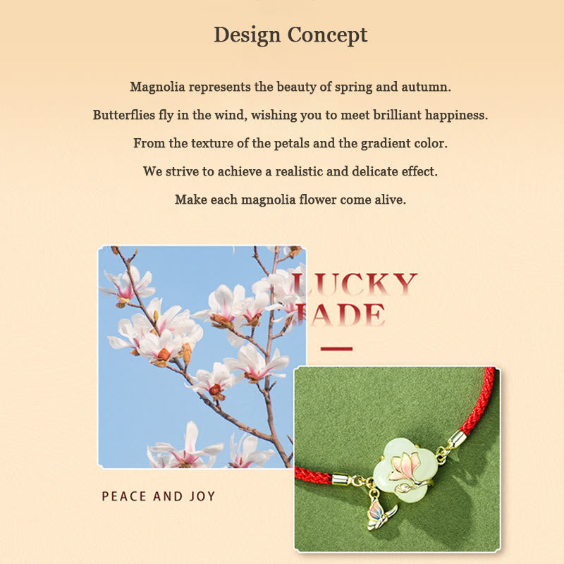 EverestArtstudios 925 Sterling Silver Hetian Jade Magnolia Flower Butterfly Luck Chain Bracelet