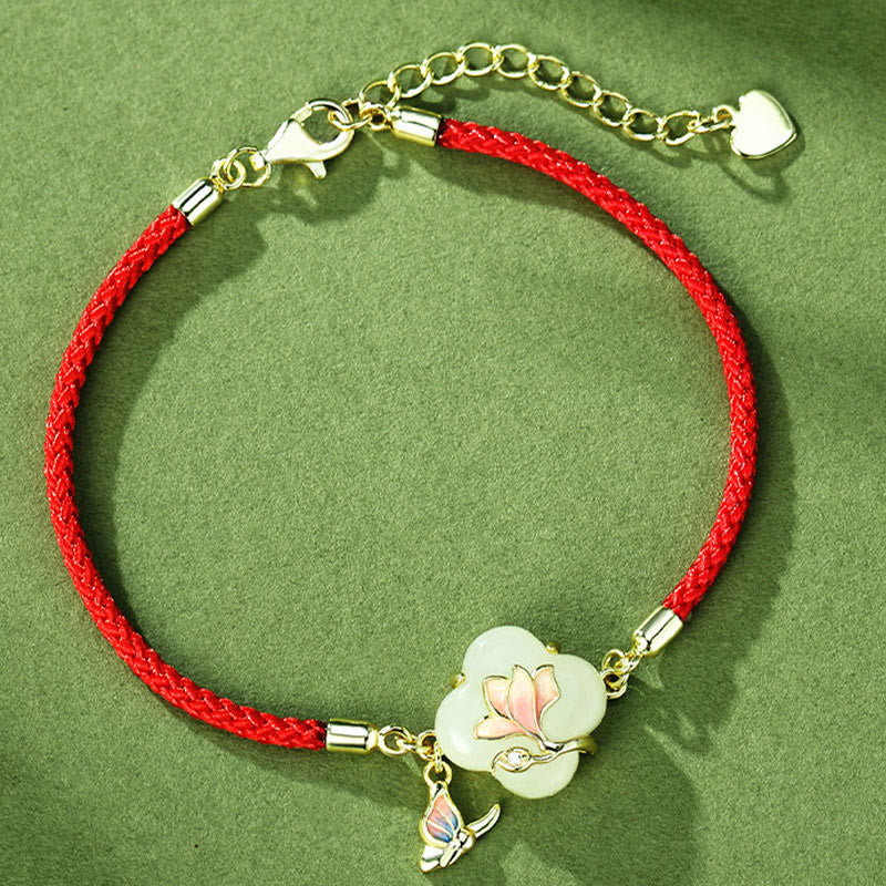 EverestArtStudios 925 Sterling Silver Hetian Jade Magnolia Flower Butterfly Fortune Chain Bracelet